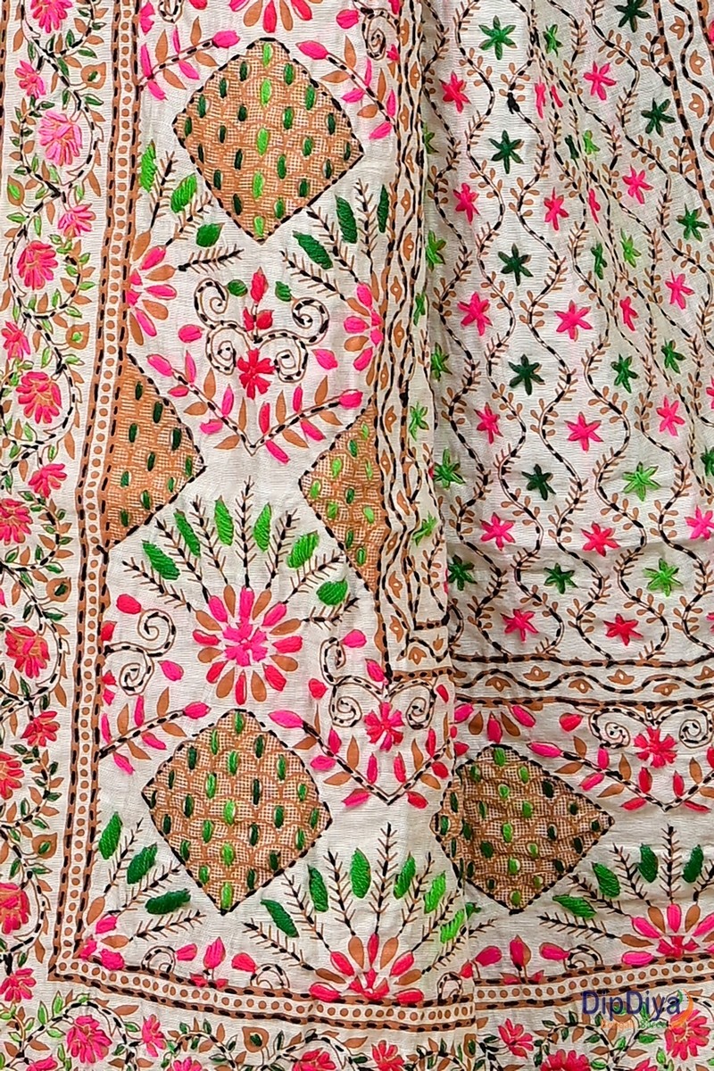 White Cotton Varitikath Kantha Stitch Saree (594)